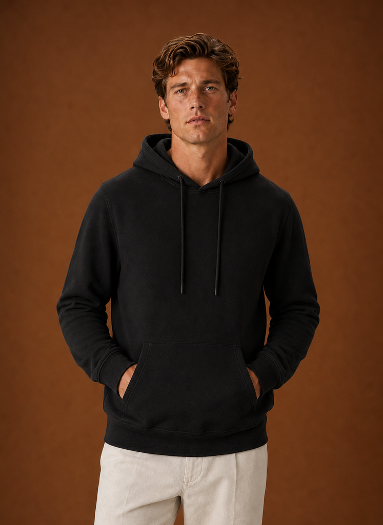Front view of the Areleon men's hoodie on a mannequin showing the hood and full-length sleeves