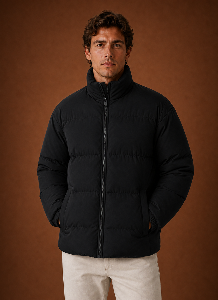 Front view of men's puffer jacket on a mannequin showing quilted panels and full-length zipper