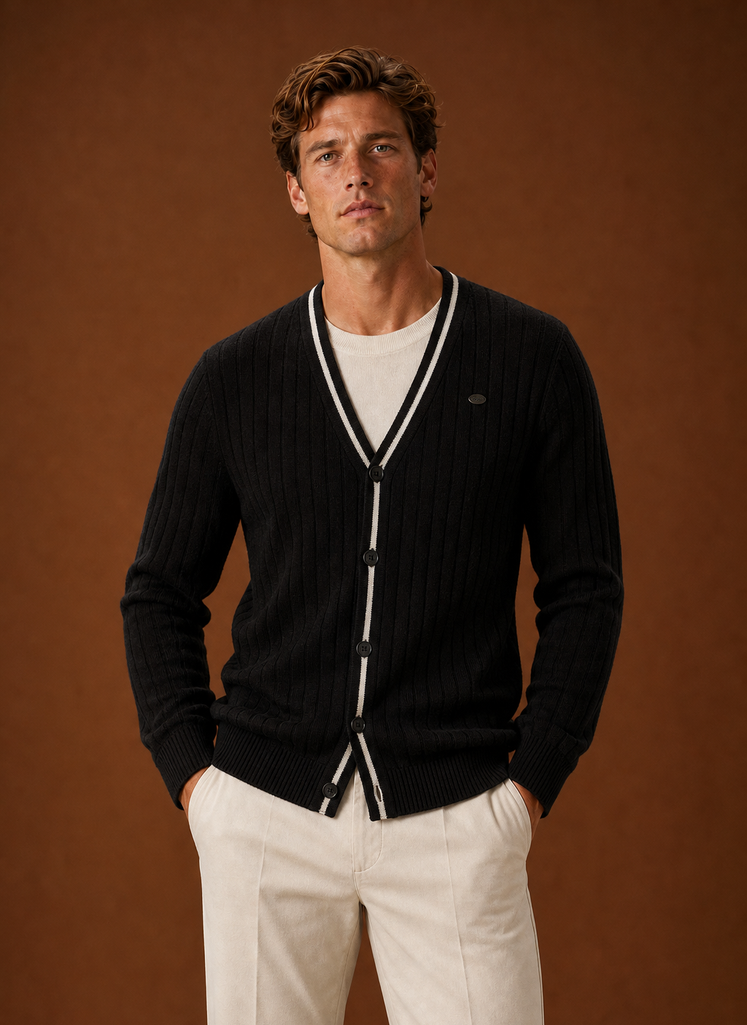 Men's V Neck Cardigan - Ribbed Knit Button Up Sweater front view
