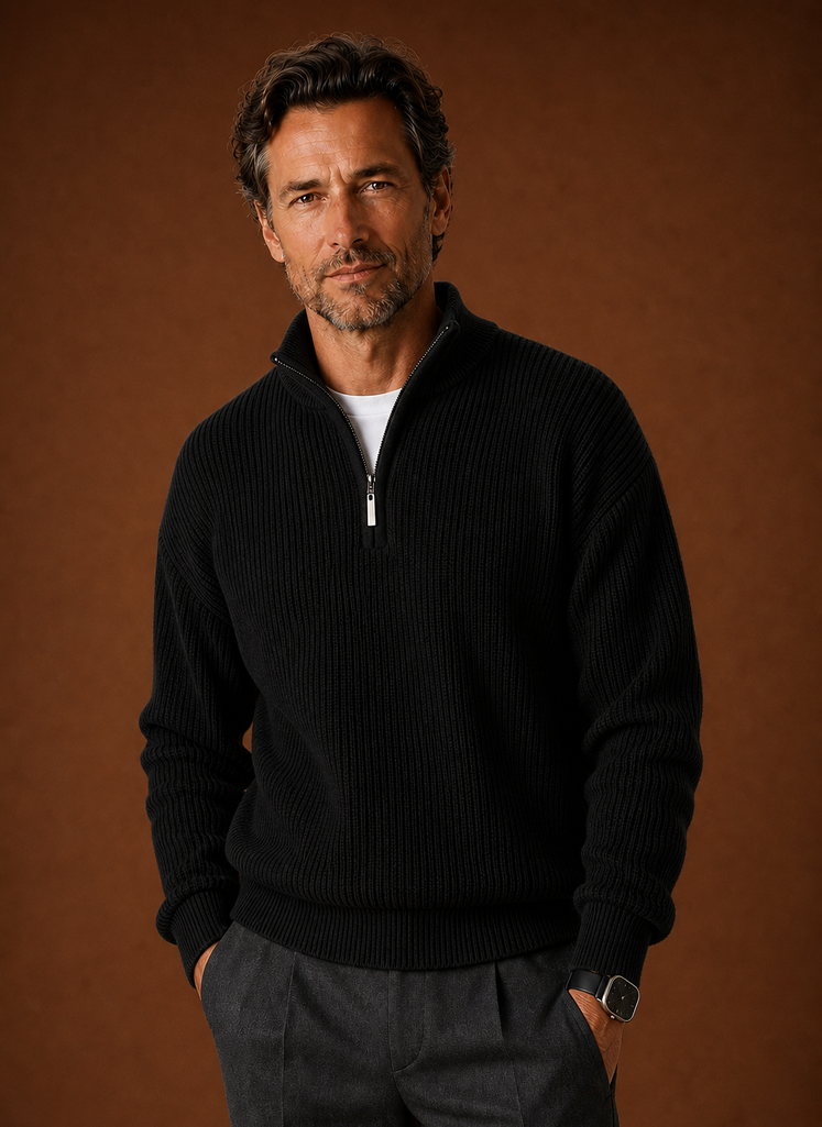 Front view of Areleon men's quarter zip sweater in brown showing ribbed knit and zip collar