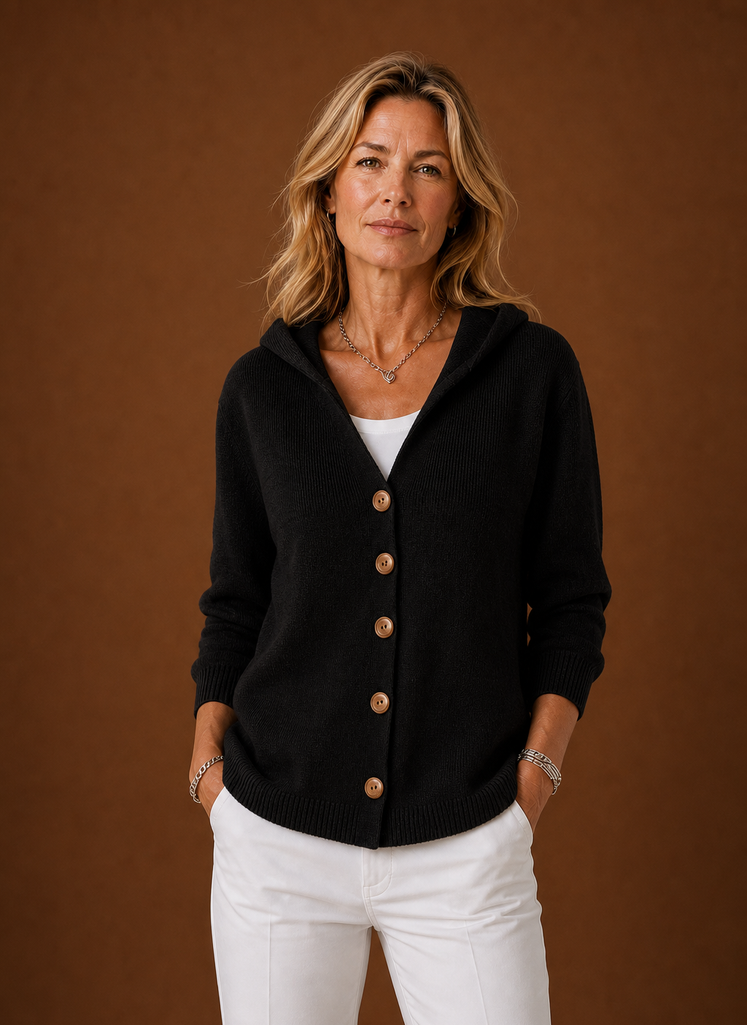 Front view of Areleon women's hooded button-up cardigan showing hood and button-front closure
