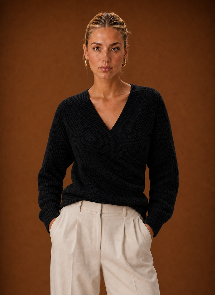 Front view of sweater showing V-neck, wrap-inspired styling and ribbed knit with ruched side detail
