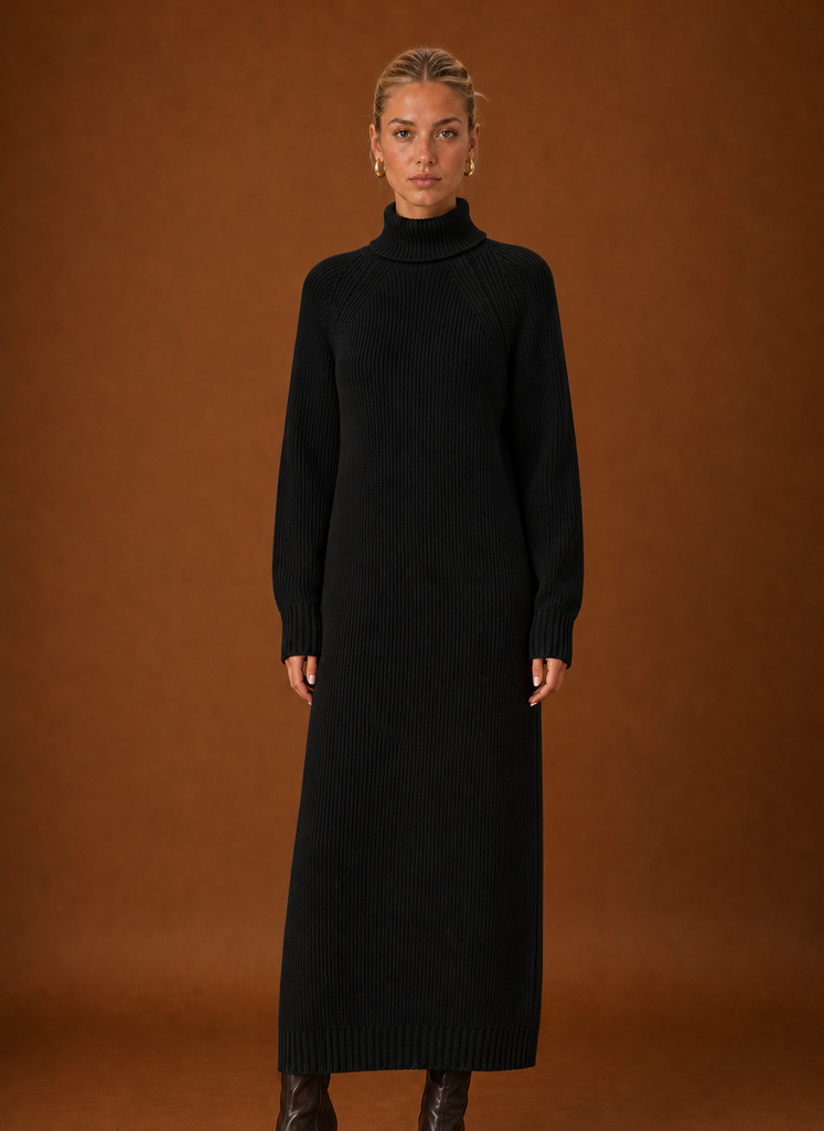 Front view of women's turtleneck ribbed knit maxi sweater dress on a mannequin