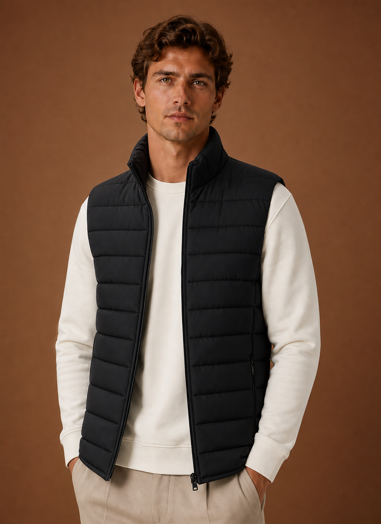 Front view of men's lightweight quilted puffer vest on neutral background