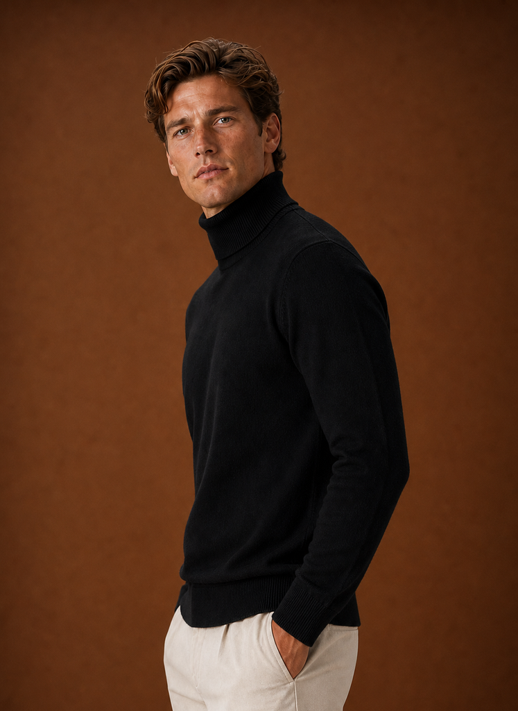 Men's Turtleneck Sweater - Roll Neck Knit Pullover side view