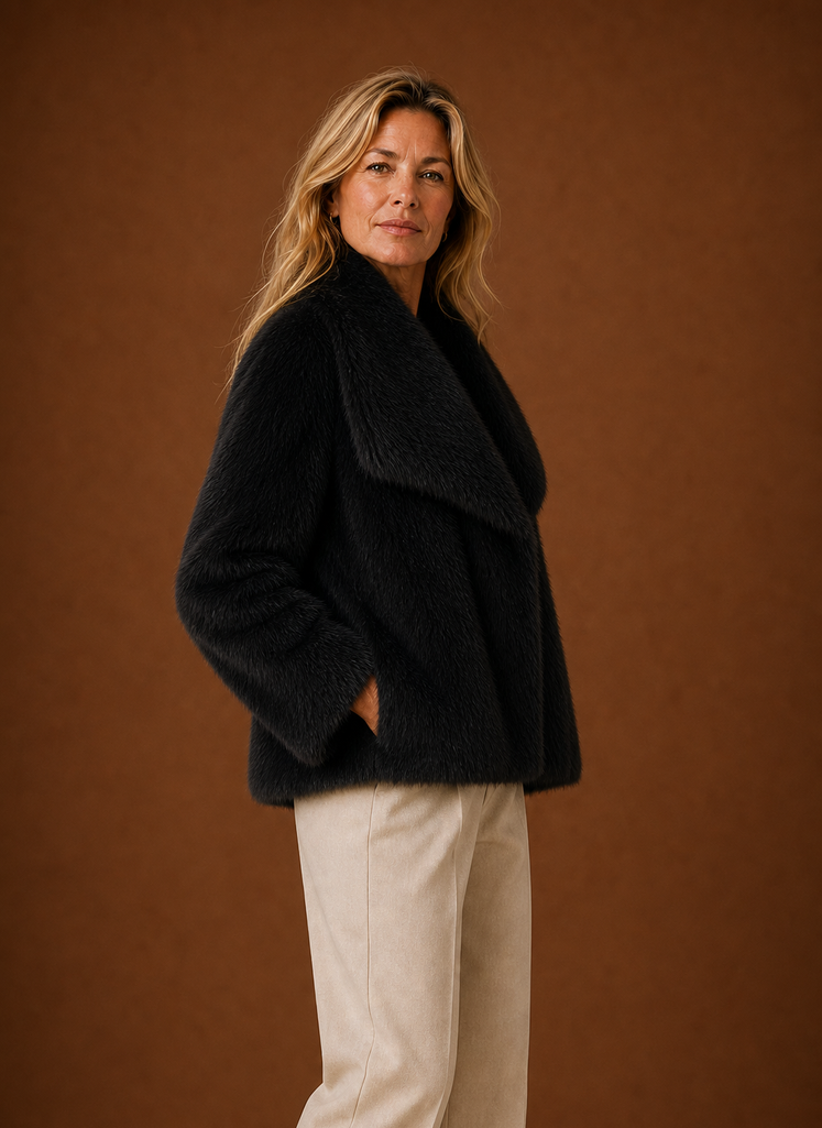 Side view of women's faux fur coat highlighting long sleeve profile