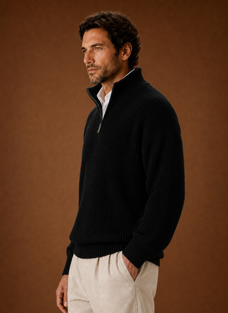 Side profile of Areleon oversized half-zip ribbed pullover