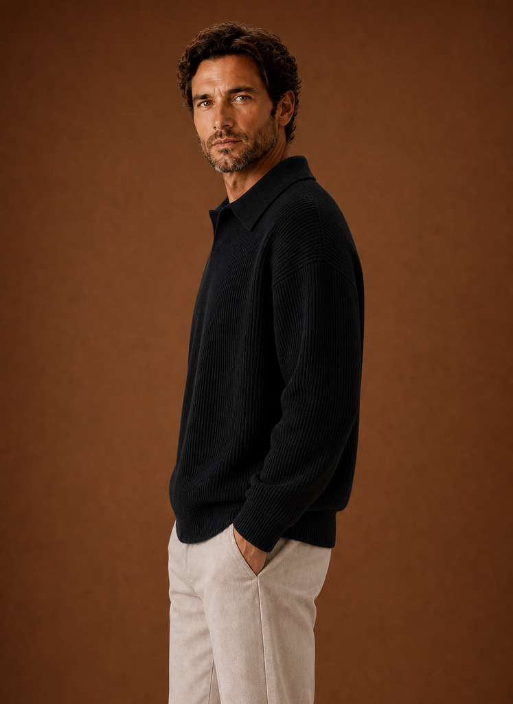 Men's Polo Sweater - Ribbed Knit Pullover side view