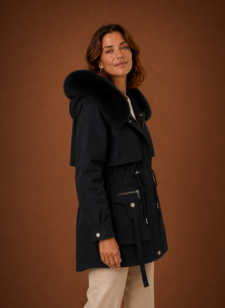 Side profile of women's hooded parka showing mid-length silhouette