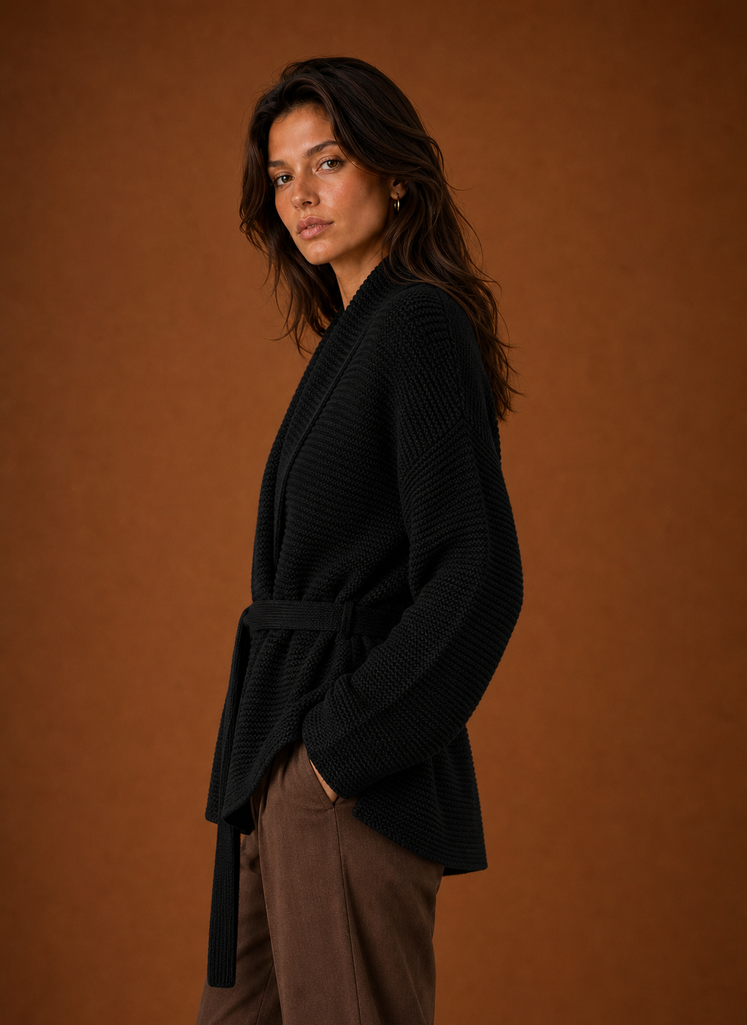 Side view showing drape and belted waist of the women's wrap cardigan