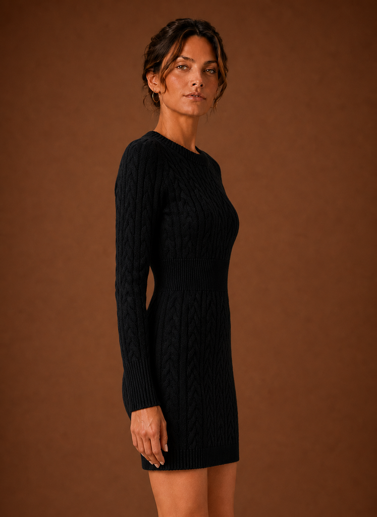 Side profile of women's cable knit sweater dress showing long sleeve and mini length