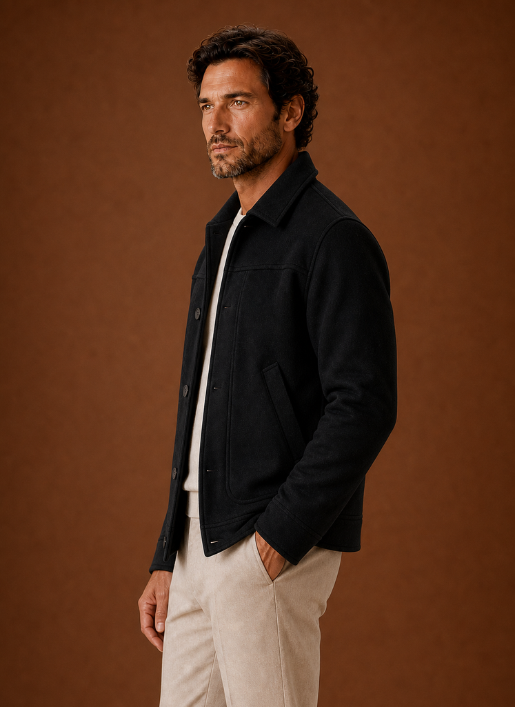 Side view of men's button-front casual jacket in Black showing silhouette