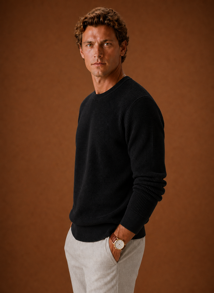 Side view of Areleon men's waffle knit crew neck sweater showing sleeve silhouette and fit