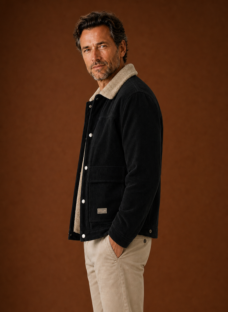 Side profile showing sleeve and drape of the Areleon knit cardigan