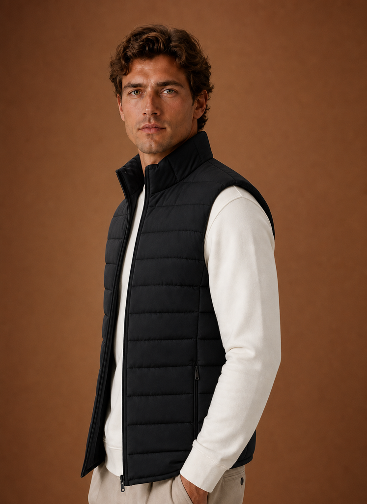 Side profile of men's sleeveless quilted gilet showing a streamlined silhouette