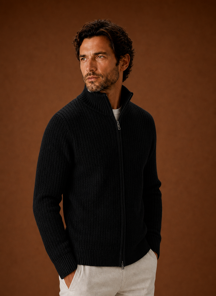 Side profile of Areleon men's ribbed zip sweater showing collar and sleeve silhouette