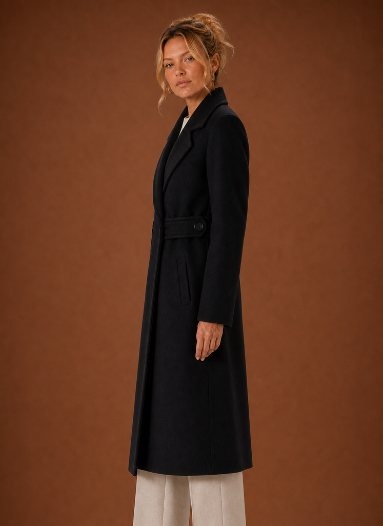 Side profile of the men's mid-long trench coat showing the silhouette