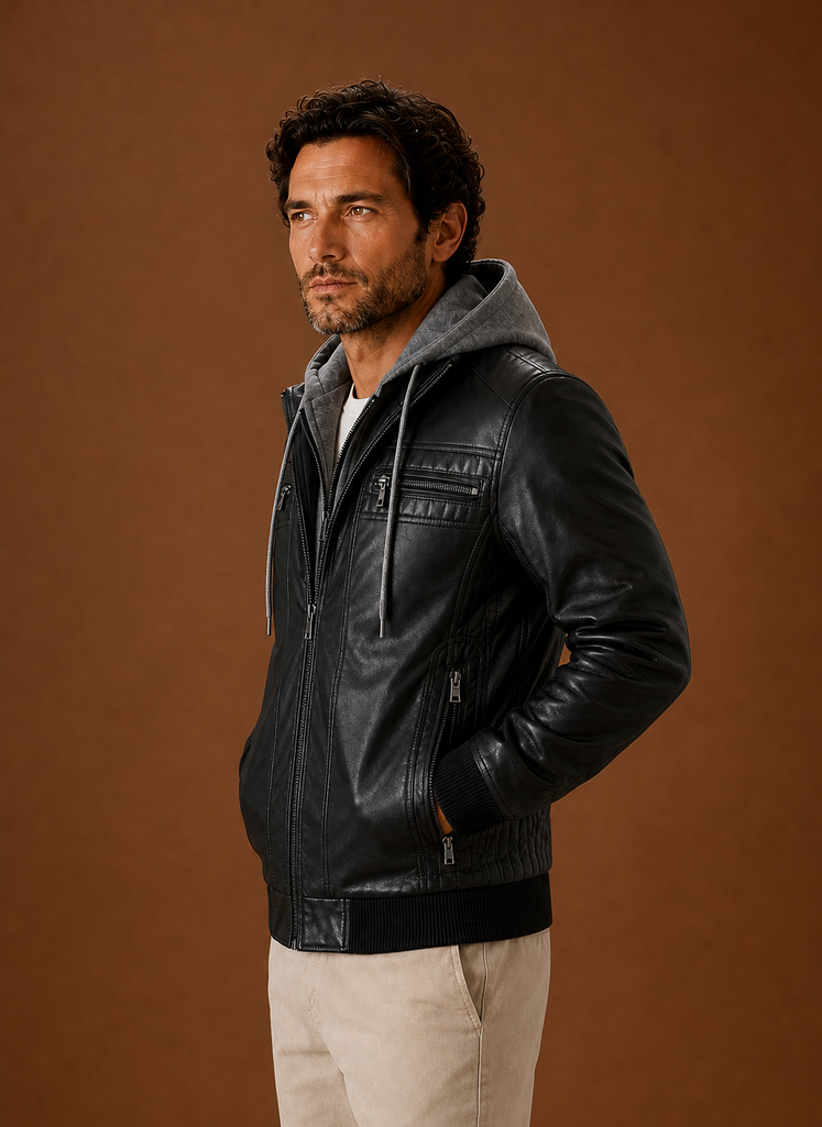 Side profile of the men's moto jacket highlighting tailored shoulders and sleeve length