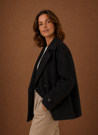 Side view showing loose silhouette and long sleeves of the women's button coat
