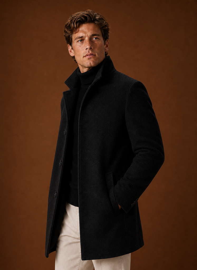Men's Wool Blend Coat - Classic Button Up Winter Overcoat side view