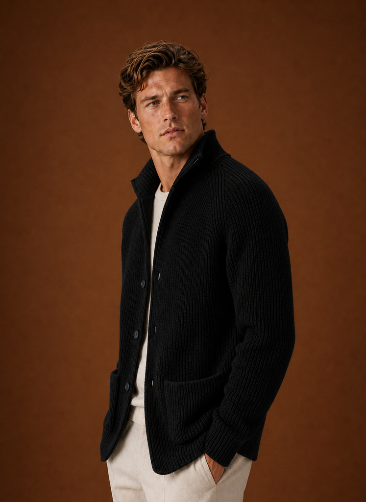 Side profile of a men's ribbed knit cardigan showing sleeve and drape
