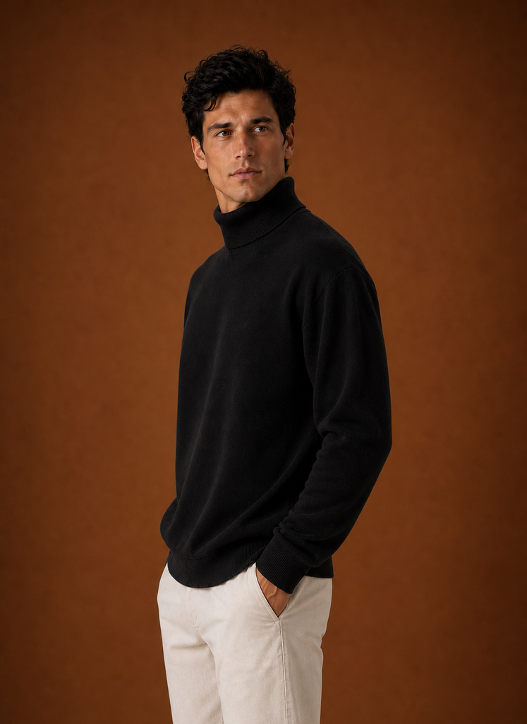 Men's Turtleneck Sweater - Classic Roll Neck Knit Pullover side view