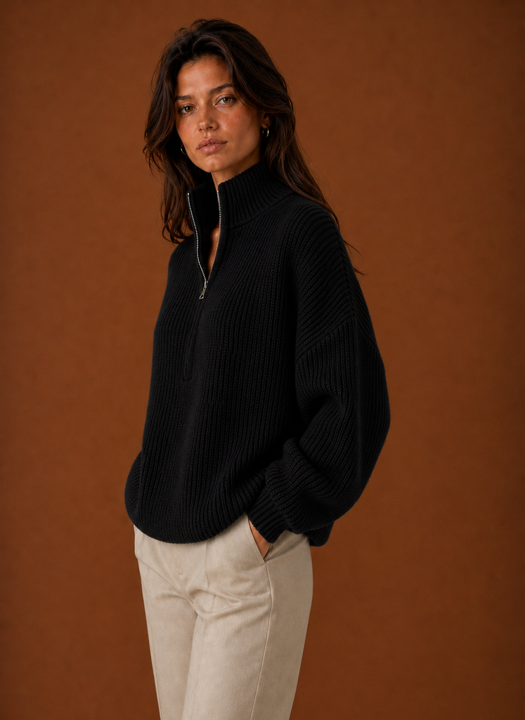 Side view of the women's quarter-zip sweater highlighting the profile and sleeve shape