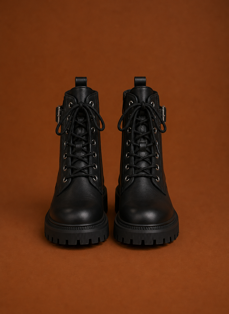 Side profile of women's black ankle boot showing lace-up front, buckle strap, and lug sole