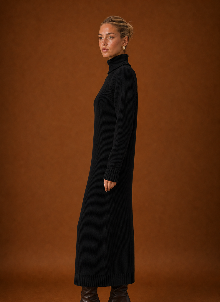 Side view of the turtleneck ribbed knit maxi dress showing the full-length silhouette