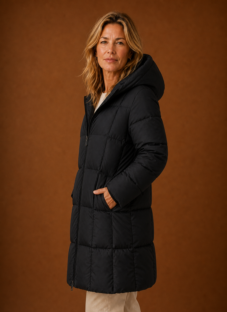 Side profile of women's long hooded puffer coat showing length and hood