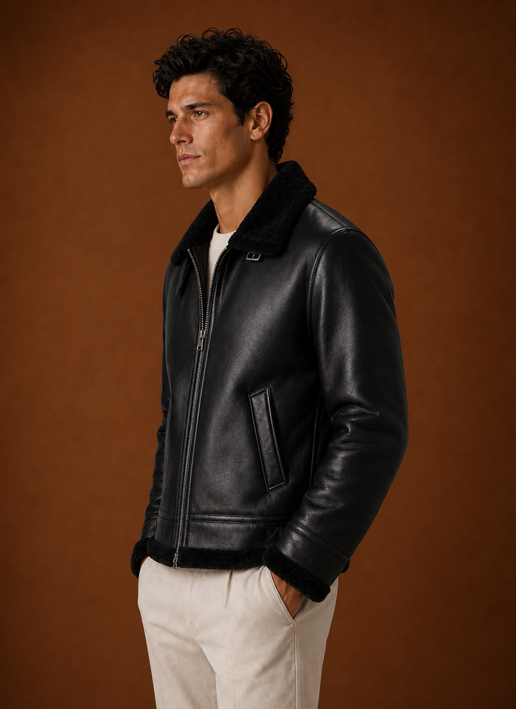 Side profile of men's bomber jacket showing silhouette and long sleeve fit