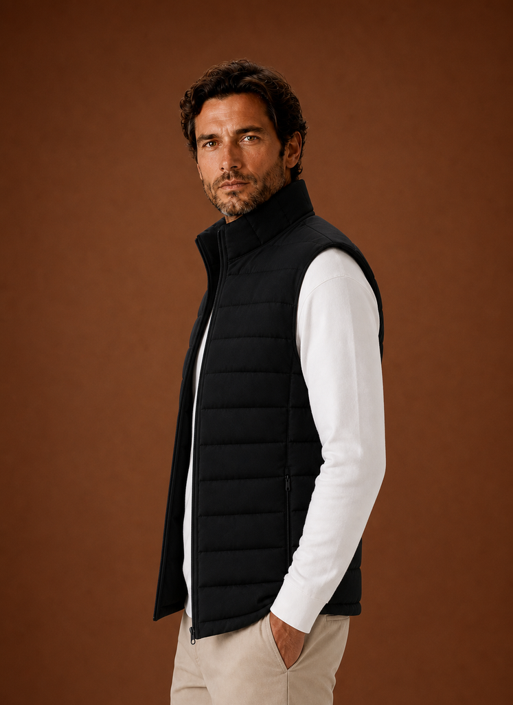 Side profile of the sleeveless vest highlighting the stand collar and quilted pattern