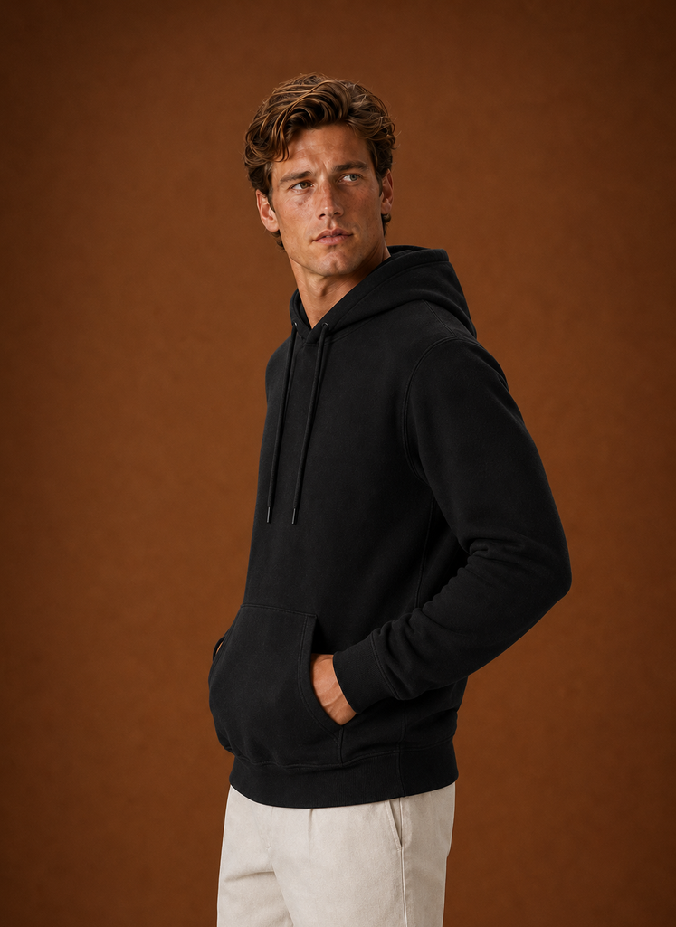 Side profile of the Areleon men's hoodie highlighting the hooded neckline and sleeve fit