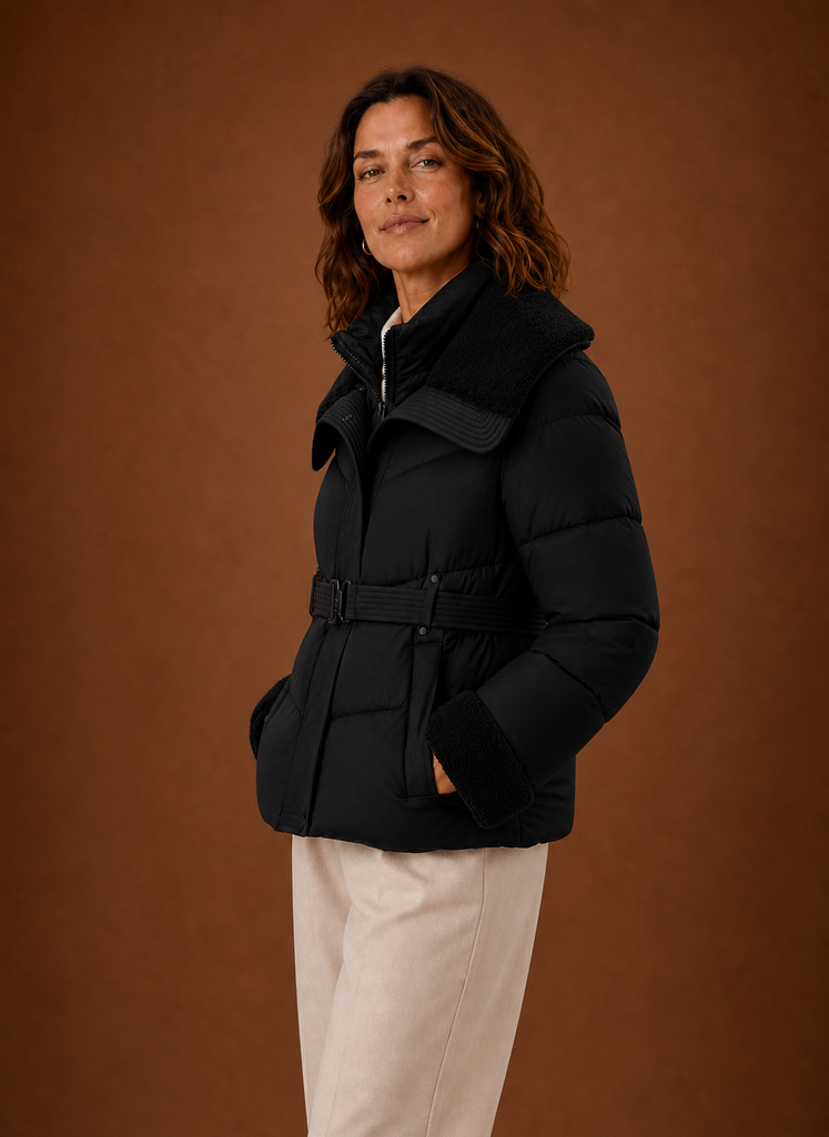 Side profile showing the belted waist and silhouette of the puffer jacket