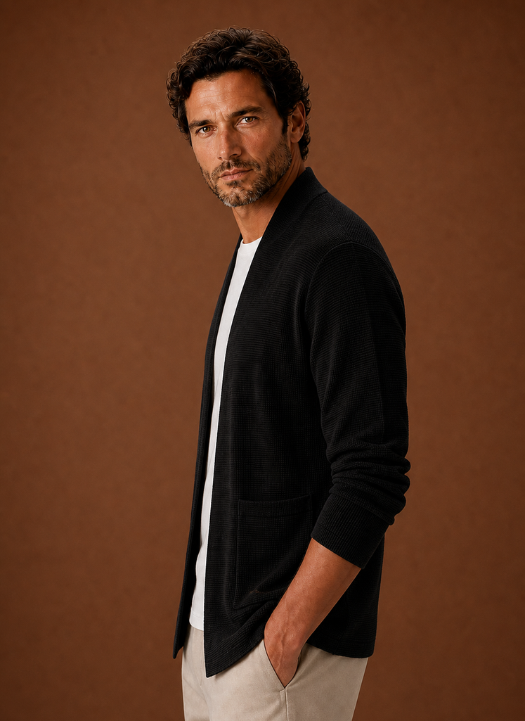 Side view of Areleon men's open-front cardigan showing profile and drape