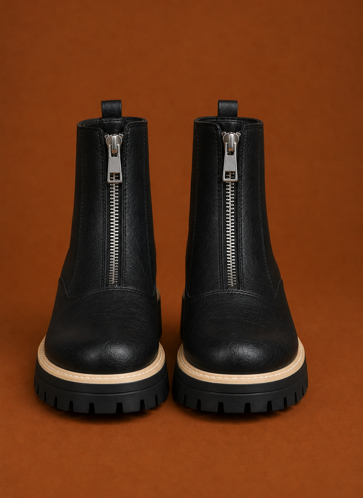 Side view of women's ankle boot highlighting the front-zip closure and profile