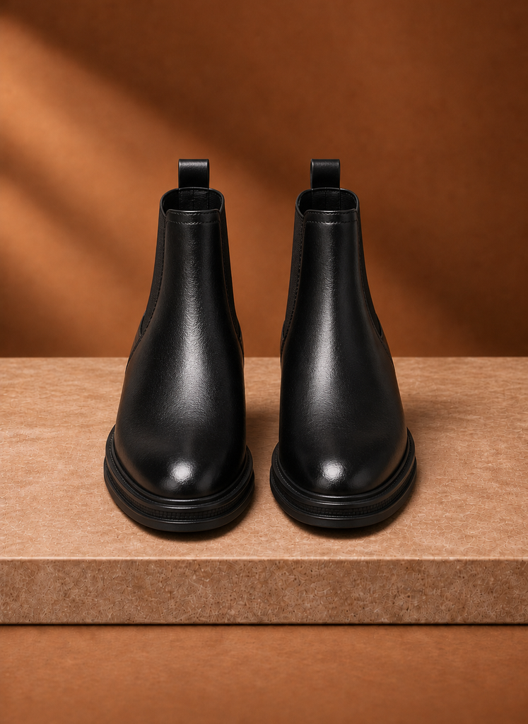 Side profile of Areleon men's Chelsea boot highlighting elastic side panel and pull tab