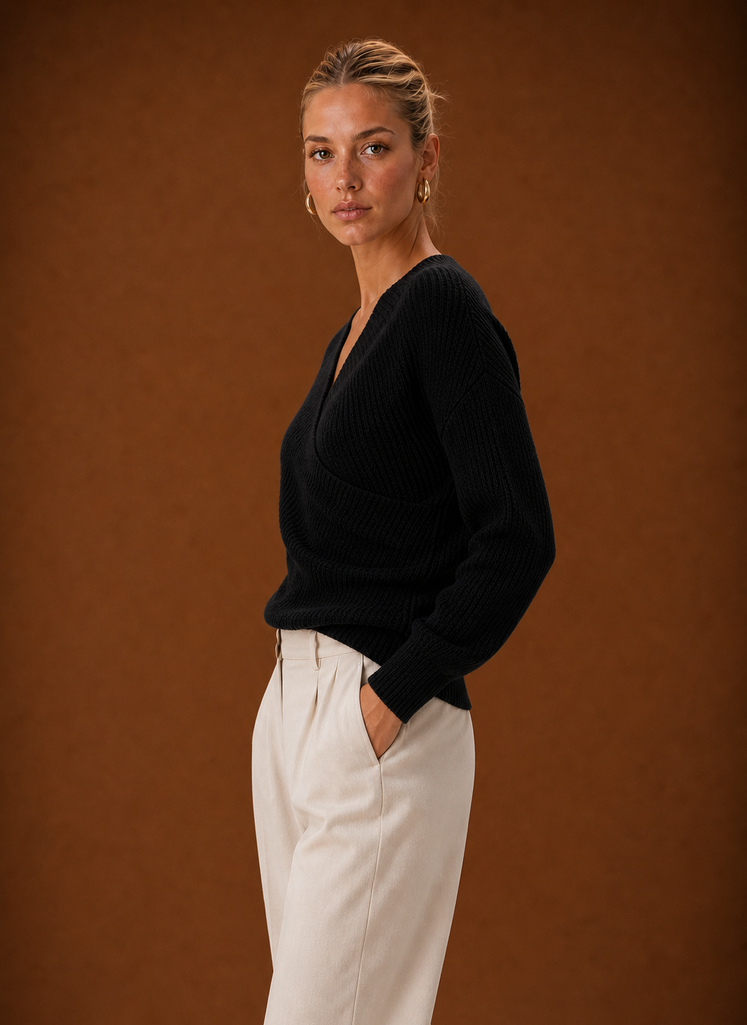 Side view highlighting ruched side detailing and the sweater's fitted silhouette