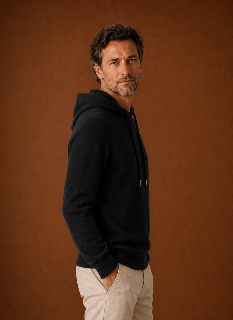 Side profile of Areleon men's hooded sweater showing the hood and sleeve