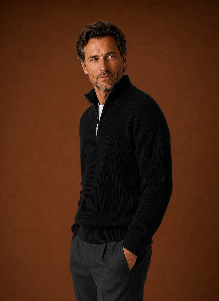 Side view of Areleon men's quarter zip sweater in black highlighting the half-zip collar and sleeve fit
