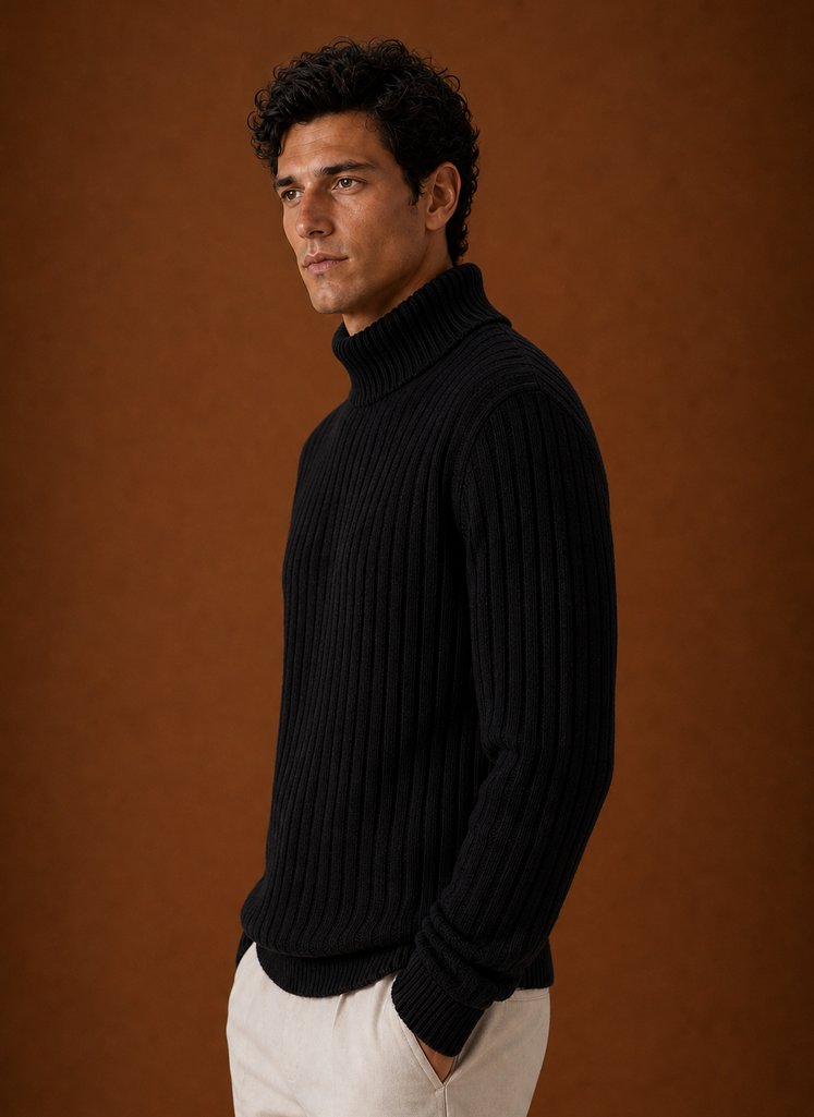 Men's Turtleneck Sweater - Ribbed Roll Neck Knit Pullover side view