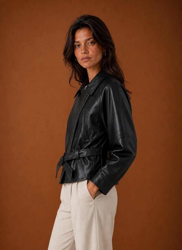 Side view of women's moto jacket displaying silhouette and sleeve length