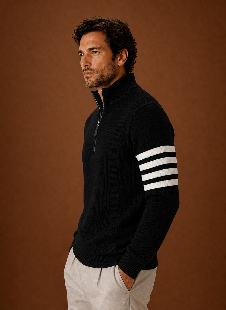 Side view of the sweater showing long sleeve fit and profile