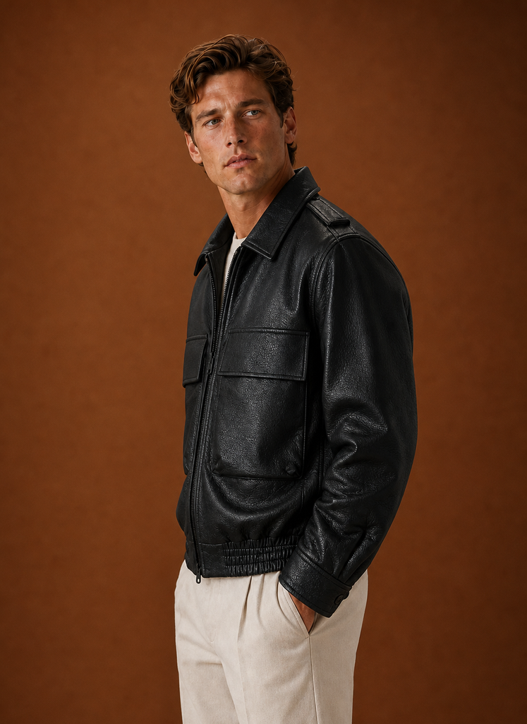 Side profile of Areleon men's oversized jacket in brown showing relaxed fit