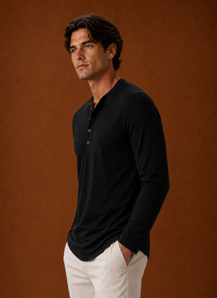 Side profile of the men's Henley shirt displaying the silhouette and sleeve shape