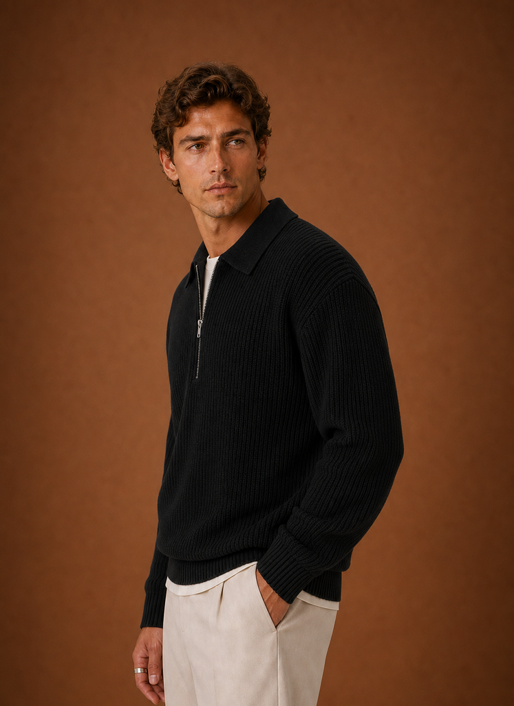 Side profile of the oversized quarter-zip knit sweater showing the relaxed silhouette