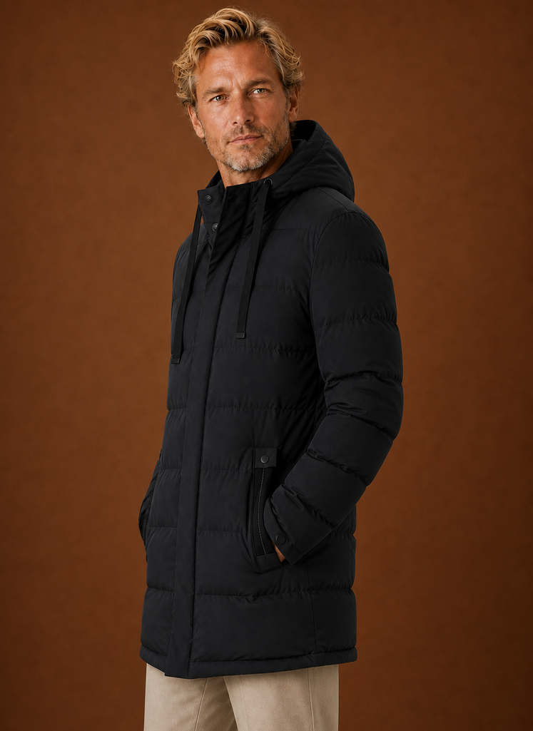Side profile of the men's long hooded puffer jacket showing the silhouette