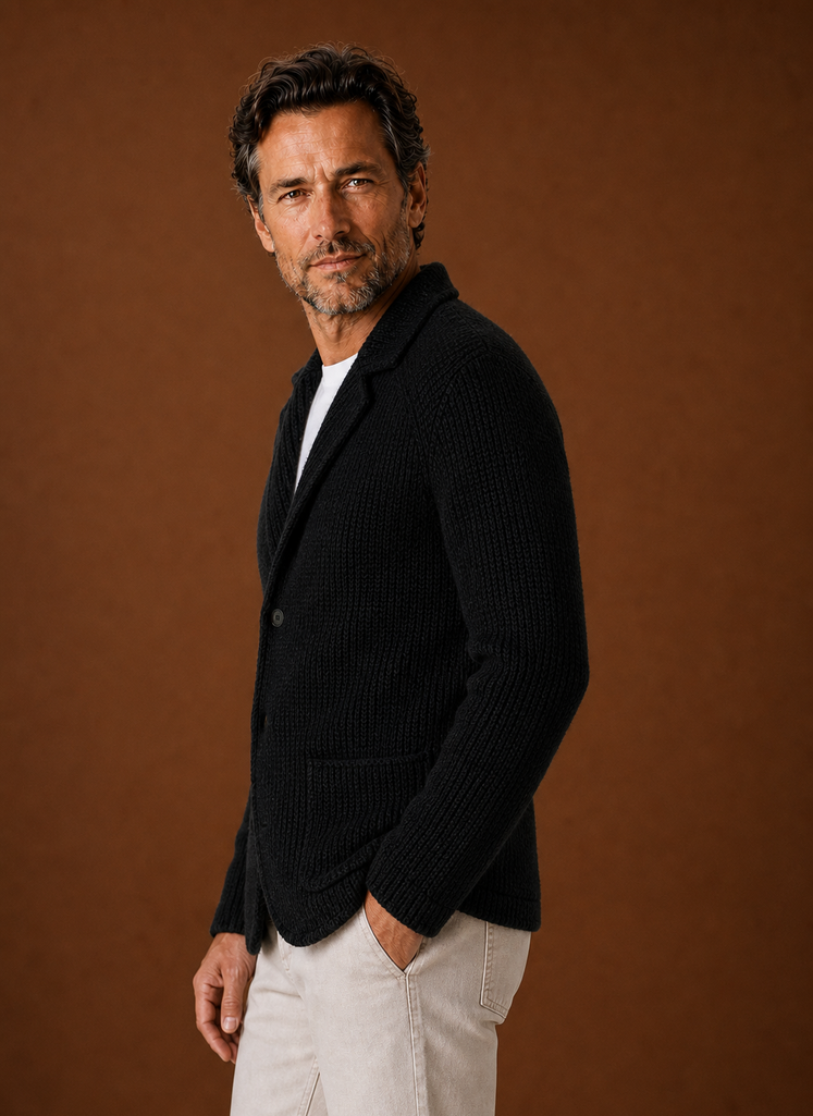 Side profile of men's knit cardigan jacket showing blazer-style collar and long sleeve