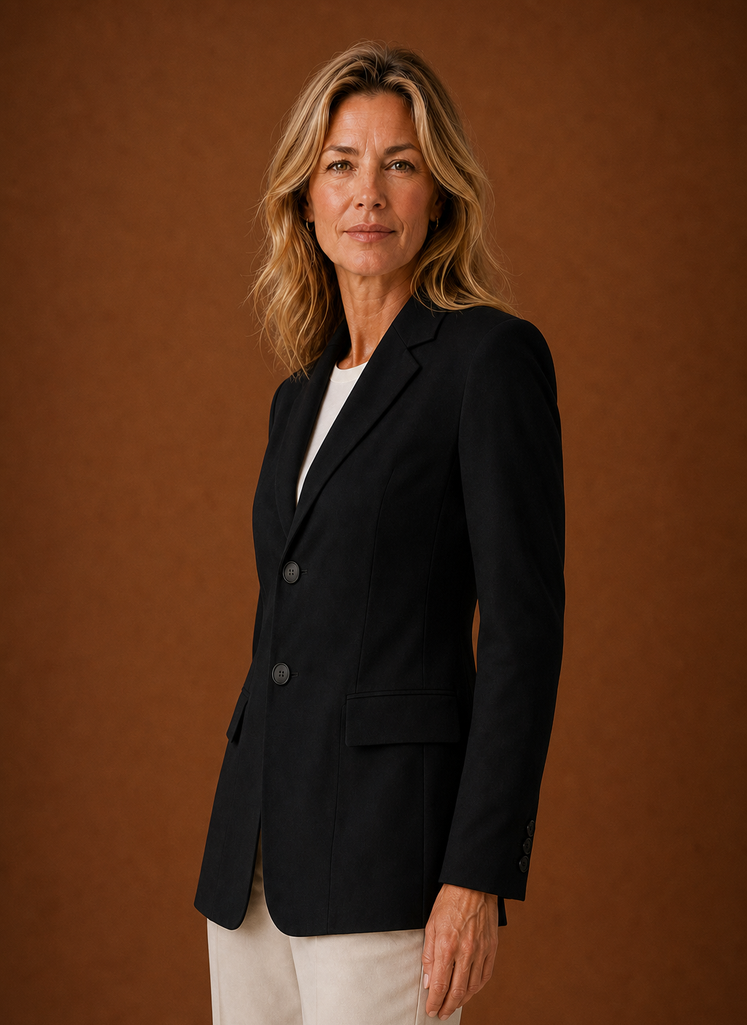 Side view of women's blazer showing longline cut and smooth profile