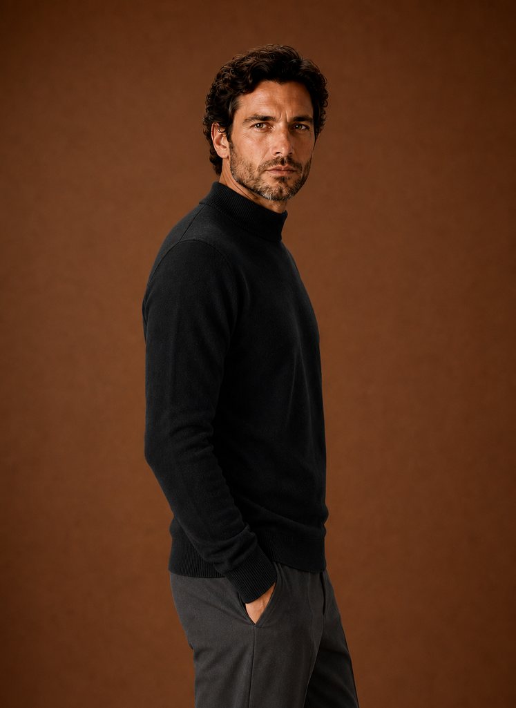 Side view of the mock neck sweater showing the neckline and sleeve silhouette